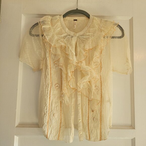 Free People Cream Ruffle Short Sleeve Top - Picture 2 of 6